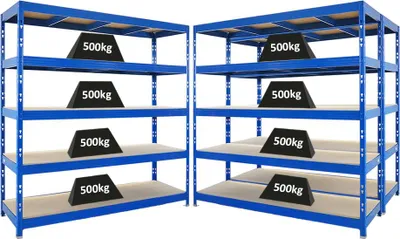 Produktbild von Mega Deal | 3x Profi Schwerlastregal Rhino | HxBxT 200x200x60cm | 5 Spanplatten-Ebenen 8mm | Fachlast 500kg | Blau