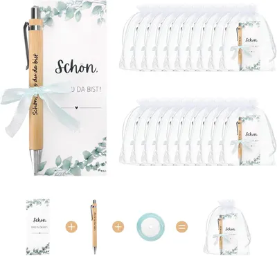 Productafbeelding van Bruiloftsgast Cadeau - Set van 20 - Pennen met houten bord en organza zakje - Blij dat je er bent bruiloftsgastcadeau