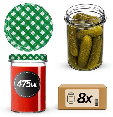 Produktbild von KADAX Einmachgläser 475ml mit Ø 82 mm Schraubdeckel, Marmeladengläser, Schraubgläser zum Einkochen, Einmachen und Aufbewahren von Marmelade & Honig (Karomuster Grün, 8 Stück)