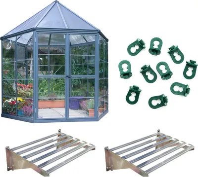 A greenhouse and accessories are displayed against a white background.