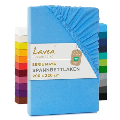 Produktbild von Lavea® Spannbettlaken 200x220cm, Maya, 100% Baumwolle, Boxspringbetten, Wasserbetten, atmungsaktives Bettlaken Matratzen bis 35cm - Himmelblau