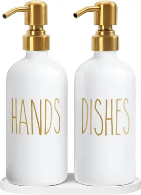 Produktbild von Seifenspender aus Glas, 500-ml-Handseifenspender und Geschirrspülmittelspender-Set – Seifenspender im Landhausstil mit Ablage – Badezimmer-Pumpspender (weiße Flasche + goldene Pumpe)