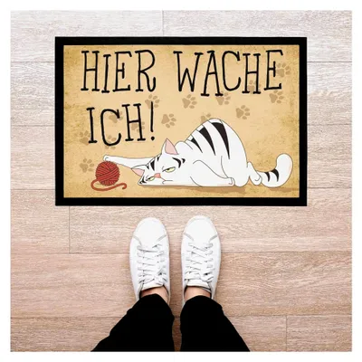 Produktbild von Fußmatte Katze mit Spruch Hier wache ich, rutschfest und waschbar, Schwarz 60x40cm