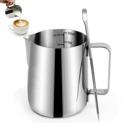 Produktbild von Milchschaumkännchen Edelstahl 350ml mit Latte Art Stift, hitzebeständiger Griff, spülmaschinenfest