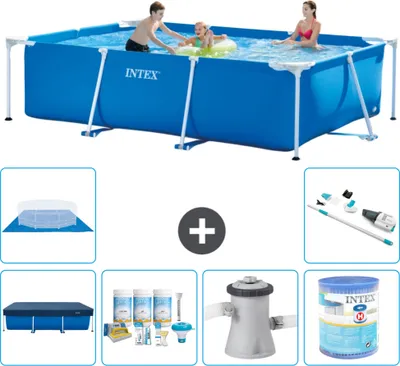 Produktbild von Intex-Schwimmbecken mit rechteckigem Rahmen – 300 x 200 x 75 cm – Blau – im Lieferumfang enthalten Abdeckung - Wartungspaket - Filterpumpe für Schwimmbad - Filter - Bodenplane - Staubsauger
