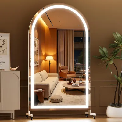 Image de Miroir de plein pied de 170 x 100 cm avec éclairage LED, pivotant à 360°, miroir sur pied avec roulettes, verre trempé, cadre blanc