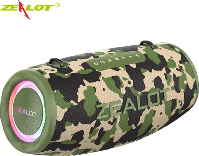 A camouflage-patterned portable Bluetooth speaker with LED lights.
