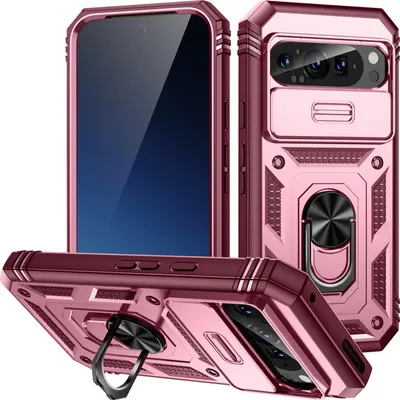 Produktbild von Hülle für Google Pixel 10 Pro XL, Schiebe Kamera Schutz Stoßfest Schutzhülle mit Ringhalterung Ständer Rosa