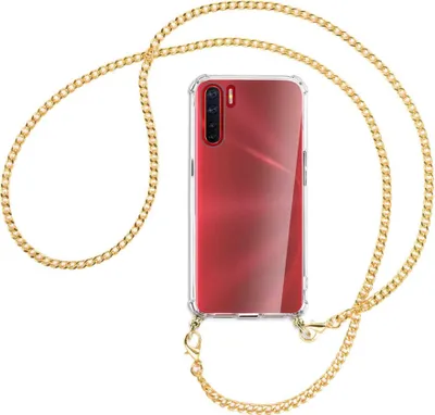Produktbild von Handykette Backcover-Schutzhülle mit Band (Metall goldfarben) für Oppo A91 / F15 / Reno3 - goldfarbene Kette