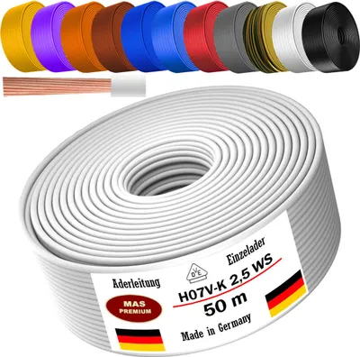 Immagine prodotto di Cavo di alimentazione da 50 metri, tipo H07 V-K, isolamento in PVC, sezione 1x2,5 mm², colore bianco, monofilo, flessibile