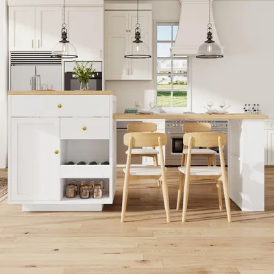 Produktbild von Flieks Multifunktionaler Kücheninselschrank mit ausziehbarer Tischplatte, belastbar bis 60kg, Servierwagen, Kücheninsel 122.5-195.5x70x93.8cm, Weiß