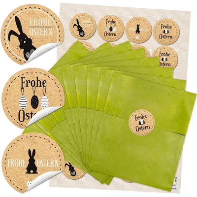 Produktbild von 24 kleine grüne Papiertüten Ostertüten 9,5 x 14 cm + 24 runde Osteraufkleber Aufkleber 4 cm gelb grün orange pink zu Ostern Geschenk Verpackung give-aways Kinder Mitgebsel GastgeschenkeHasen Braun, Schwarz, Weiß