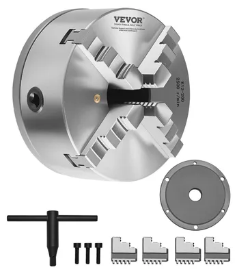 Produktbild von VEVOR 3-Backen-Drehfutter, 6 Zoll (160 mm), selbstzentrierendes Futter mit 1 1/2 in-8 Gewindeträgerplatte, 0,12-5,71 Zoll (3-145 mm) Spannbereich mit T-Schrauben, HT300 Material, für Holz- und Metall-Drehmaschinen, 4-Futter, 200 mm-a