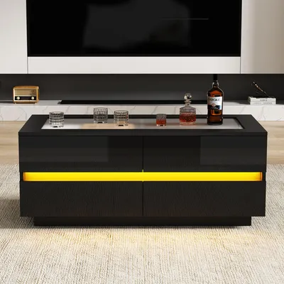 Produktbild von MODFU Wohnzimmertisch Schwarz mit LED,Hochglanz-Couchtische mit 4 Schubladen und Glasplatte,Beistelltisch mit Schubladenschienen,100x50x40cm