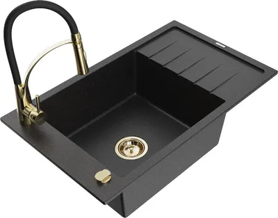 Produktbild von Mexen Elias 1 Becken-Granitspüle mit Abtropffläche und Mischbatterie Aster, Schwarz/Silbermetallic - 6511-73-73450-57-G