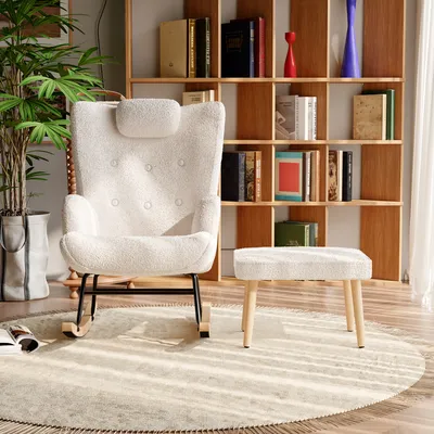 Image de CDGlobal Chaise à bascule, chaise à bascule en peluche douce, chaise longue de salon avec appuie-tête et repose-pieds - charge jusqu'à 100 kg