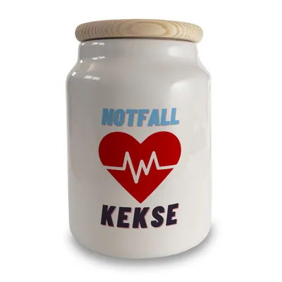 Produktbild von Notfall Kekse Keksdose aus Keramik mit Holzdeckel