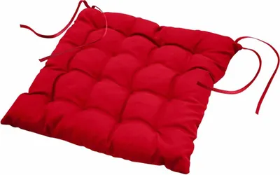 A red seat cushion with ties, shown on a white background.
