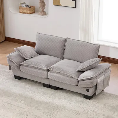 Produktbild von okwish Modulares Sofa 2-Sitzer Ergonomische Breite Sitzfläche Loungesofa mit USB-C Anschluss Wohnzimmersofa mit Seitentaschen Wohnzimmer Corduroy Hellgrau