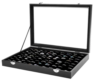 Produktbild von Schmuckkasten Schmuckschatulle Ringbox - Schwarz - Glasdeckel - 100 Ringschlitze - Samteinlage
