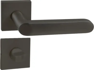 A black door handle set with a square rosette and a matching escutcheon plate is shown against a white background.