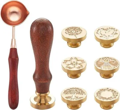 Produktbild von Famanu Siegelstempelset - 6 Retro-Stempelköpfe - 1 Holzgriff - 1 Schmelzlöffel