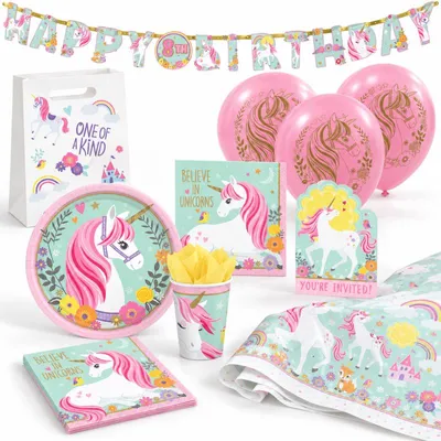 Imagen del producto de Kit de fiesta de unicornio mágico de 68 piezas, ideal para cumpleaños de cuento