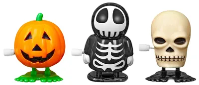 Produktbild von Halloween Aufziehfiguren 3er Set – Skelett, Kürbis und Totenkopf, 5 cm