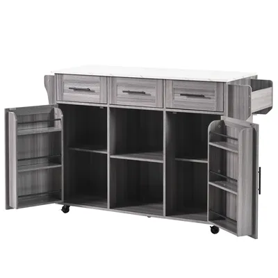 Obrázok produktu pre Servírovací vozík 139 x 46 (71) x 91,5 cm, telo z masívneho dreva s dyhou v šedej farbe + pracovná doska s dekorom z bieleho mramoru, sklopná pracovná doska,