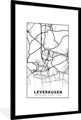 Produktbild von MuchoWow® Gerahmtes Poster Karte - Leverkusen - Karte - Stadtplan 60x90 cm - Poster mit Schwarzem Bilderrahmen Wandposter Rahmen Foto Bilder - Dekoration - Wandposter Wohnzimmer - Hochwertig