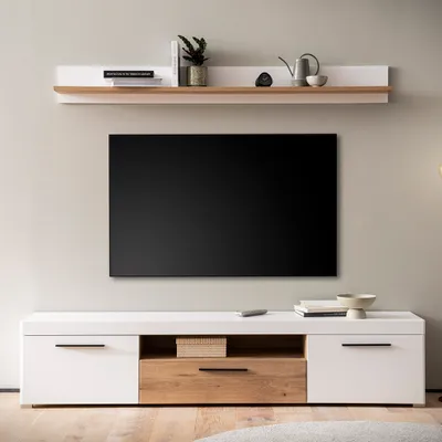 Produktbild von TV-Wohnwand Lowboard und Wandboard weiß mit Eiche SUTTON-61