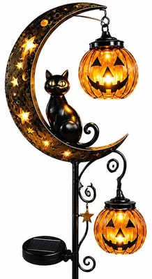 Produktbild von Halloween Deko Garten Solar, leuchtender Gartenstecker mit Katze, Kürbis & Mond, stimmungsvolle Gartendeko für Rasen, Beet, Terrasse & Weg