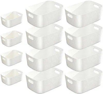 Zdjęcie produktu dla 12 białych pojemników do przechowywania, plastikowy kosz z uchwytami, wymiary 30 x 20 x 11 cm, duże kosze (8 sztuk) + kosze o wymiarach 20 x 14 x 7 cm