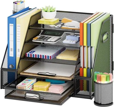 Produktbild von Unyqoos® Schreibtisch-Organizer mit 5 Schubladen, 2 Zeitschriftenhaltern & 2 Stiftehaltern – Metallgeflecht mit Stahlrahmen, 36 x 28 x 30 cm