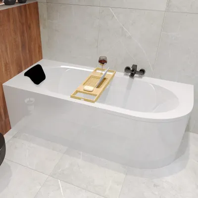 Produktbild von BADLAND Eckbadewanne Rechteck Badewanne Avita LINKS 180x80 mit Ablaufgarnitur und Füßen + Bambus Badewannenablage | BADLAND AVITA