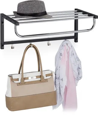 Produktbild von Relaxdays Wandgarderobe mit Ablage, Garderobenleiste 4 Haken, Flur & Bad, modern, Metall, HBT 25 x 60 x 32,5 cm, schwarz
