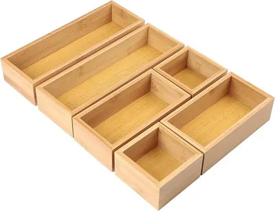 Produktbild von PolkaHome® 8-teilige Bambus Schubladen-Organizer Set, Schubladeneinsätze Holz, Stapelbare Aufbewahrungsboxen für Küche, Bad, Büro,