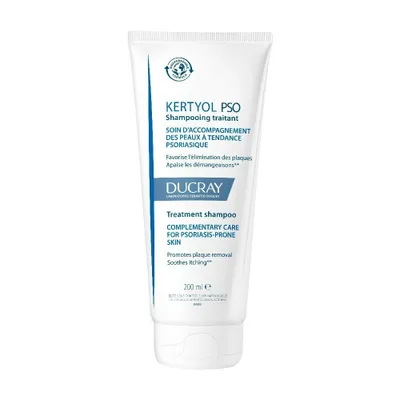 A white bottle of Ducray Kertyol PSO shampoo against a white background.