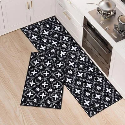 Immagine prodotto di Set da 2 tappetini antiscivolo per cucina Unyqoos® – in poliestere, assorbenti e lavabili, dimensioni 43x75 cm e 43x120 cm, colori: blu, nero, grigio, kaki