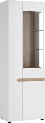 Produktbild von Wohn-/Esszimmer Vitrinenschrank in weiß Hochglanz mit Trüffel Eiche Nb. LEGNICA-129, B/H/T: ca. 64/194,5/42 cm