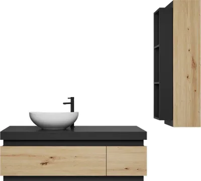 Produktbild von Easy4You Matt Schwarz/Eiche Unterschrank Seya 110 cm mit 2 Schubladen + Hängeschrank 30x100 cm Badschrank Badezimmerschrank Seitenschrank