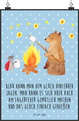 Produktbild von Mr. & Mrs. Panda Bild Bär & Marienkäfer Lagerfeuer DIN A5 - Blau Pastell - Geschenk, Wandbild, wanddeko, kunstdruck poster, Plakat, Teddy, drucke