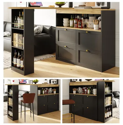 Productafbeelding van Bartafel 105 x 39 x 102 cm, 360° draaibaar, met 4 laden en open planken, zwart