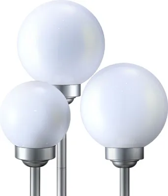 Three white globe-shaped solar lights on silver poles against a white background.