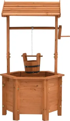 A wooden wishing well with a bucket hanging from a chain.