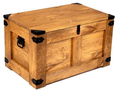 Produktbild von Sitztruhe aus Massivholz Wenge – Aufbewahrungsbox und Couchtisch aus Kiefer mit Schloss, Soft-Close und 170 L Volumen – Feder-Scharniere und Metallecken