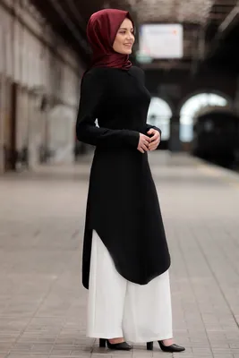 Produktbild von Tunika Langer Oberteil Kleid Hijab Schwarz 38 Tesettür S-992