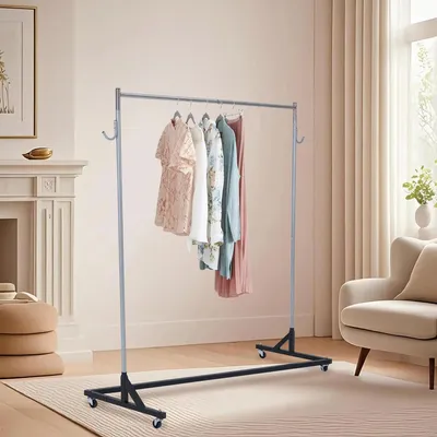 Obrázek produktu pro Stojan na oblečení - věšák - kovový - 180 x 50 x 160 cm - výškově nastavitelný - kolečka s aretací - háčky - černá/stříbrná barva
