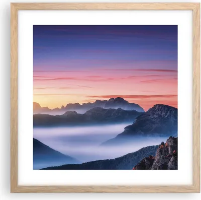 Produktbild von Gerahmtes Poster - Rahmen in heller Eiche - Westen Sonne Berge - 40x40 cm - Wand Bild - Wanddeko - Wandbilder - Kunstposter - Wandposter - Bilderrahmen - Bilder - Kunstdruck - P2NAC40x40-4525