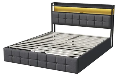 Immagine prodotto di Letto matrimoniale 160x200 cm - Letto imbottito - Contenitore con sistema di sollevamento idraulico, illuminazione LED e porta USB, rivestito in lino, rete a doghe, colore grigio